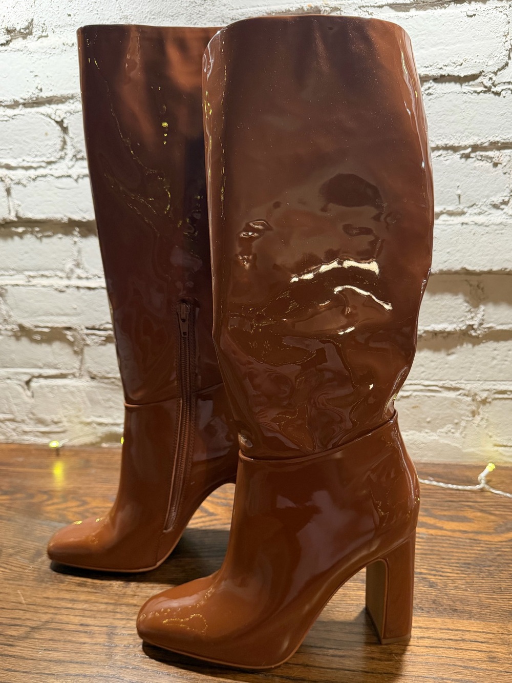 Steve Madden Patent Leather Tall Block Heel Boots - Brown